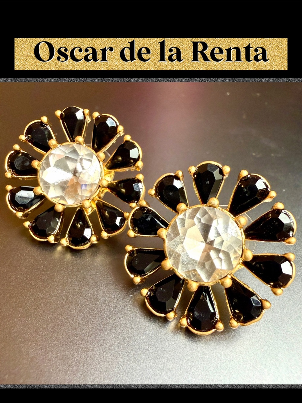 Oscar de la Renta Charming Gold-Tone Flower Earrings Black/Clear Crystal Stones